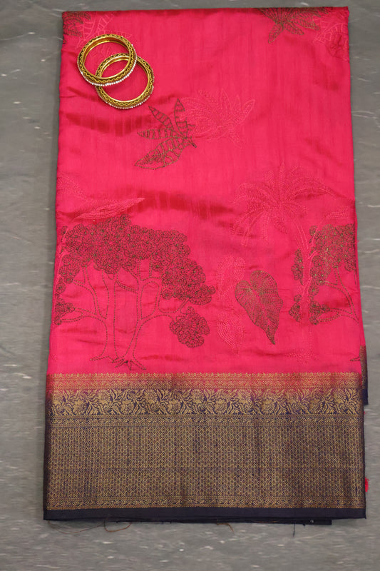 Bamboo Silk Saree-Zari Embroidery-Rani Pink