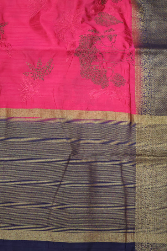 Bamboo Silk Saree-Zari Embroidery-Rani Pink