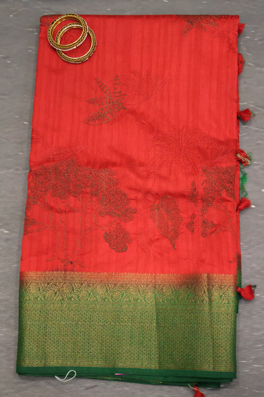 Bamboo Silk Saree-Zari Embroidery-Red