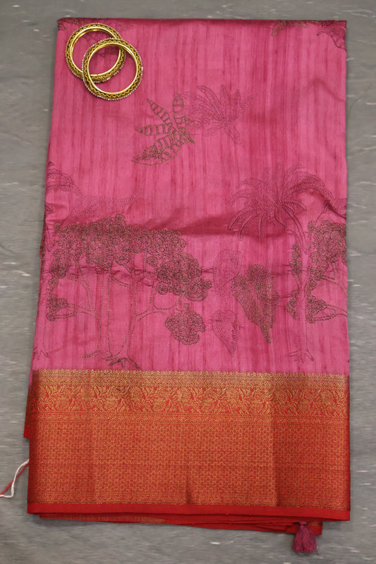 Bamboo Silk Saree-Zari Embroidery-Pink
