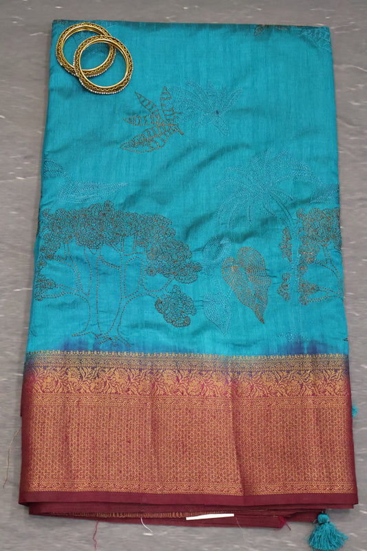Bamboo Silk Saree-Zari Embroidery-Peacock Blue