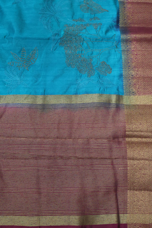 Bamboo Silk Saree-Zari Embroidery-Peacock Blue
