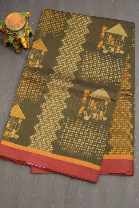 Mercerized Cotton -Village Setup-Mehandi Green