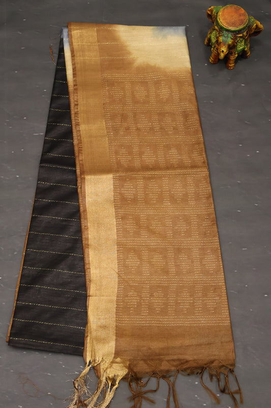 Semi Bhagalpur Tussar Saree-Black-Gold