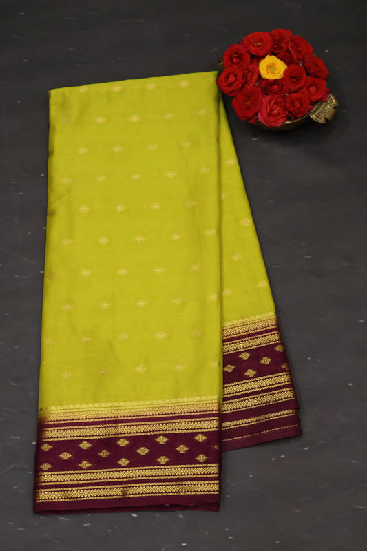 Semi Mysore Silk Saree-Mehandhi Green Floral Buta