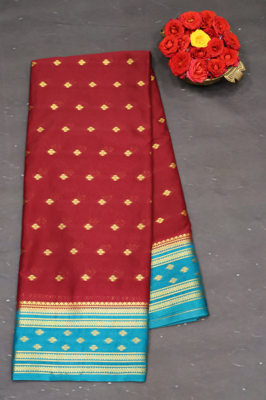 Semi Mysore Silk Saree-Maroon-Peacock Floral Buta