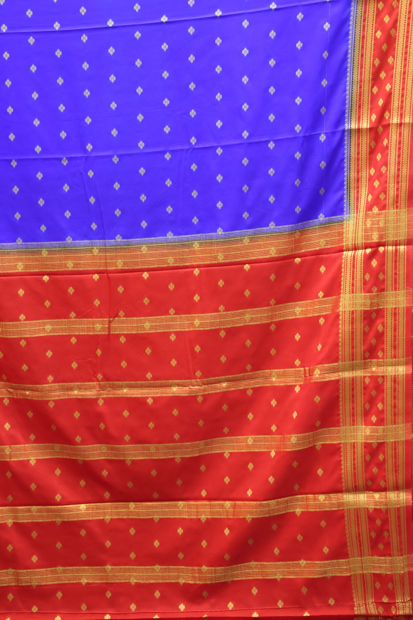 Semi Mysore Silk Saree-Ink Blue-Red Floral Buta