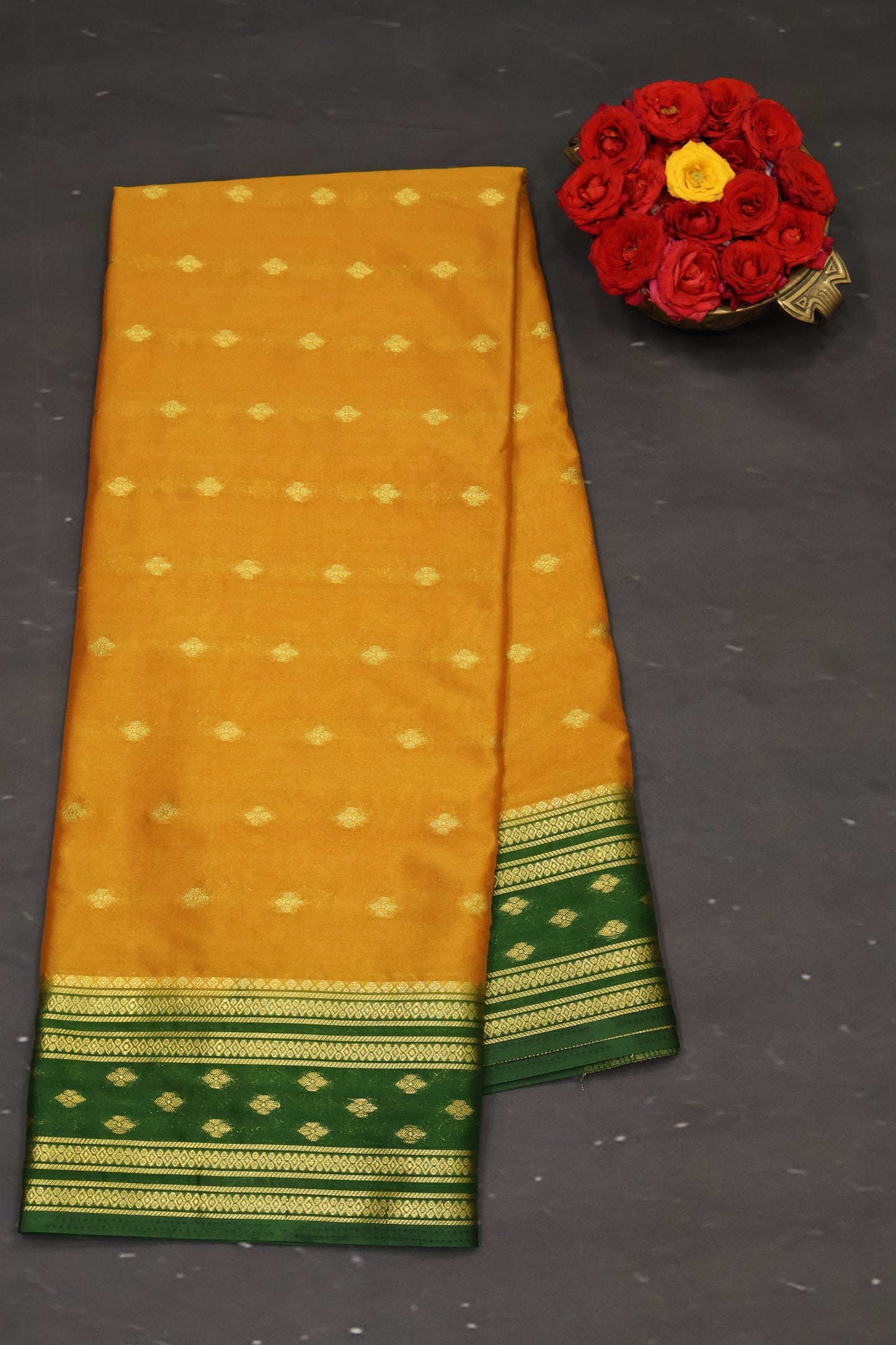 Semi Mysore Silk Saree-Mustard-Green Floral Buta