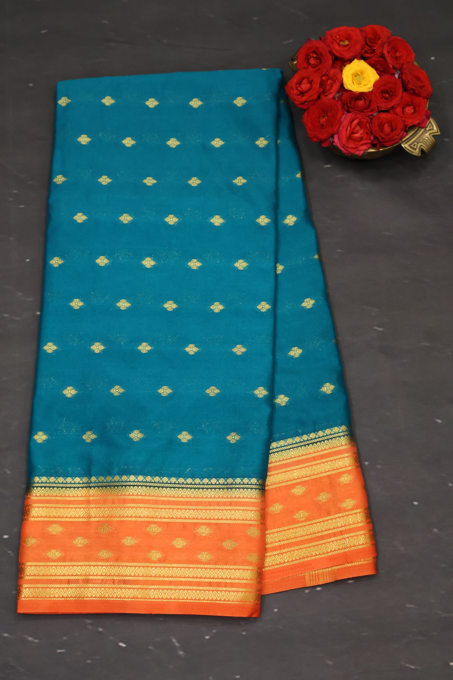 Semi Mysore Silk Saree-Blue-Orange Floral Buta