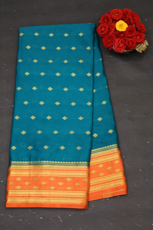Semi Mysore Silk Saree-Blue-Orange Floral Buta