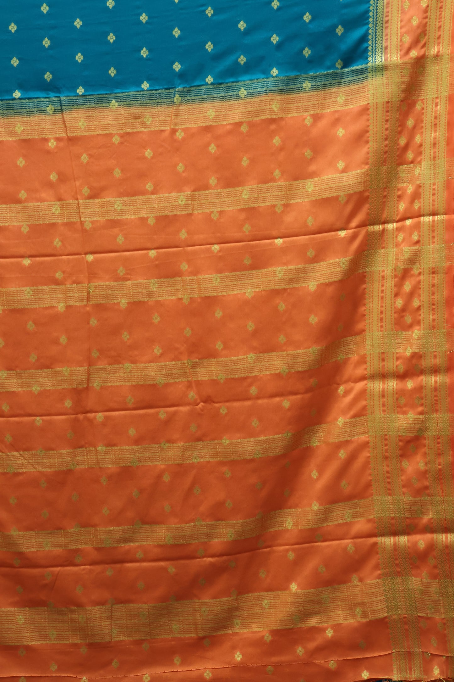 Semi Mysore Silk Saree-Blue-Orange Floral Buta