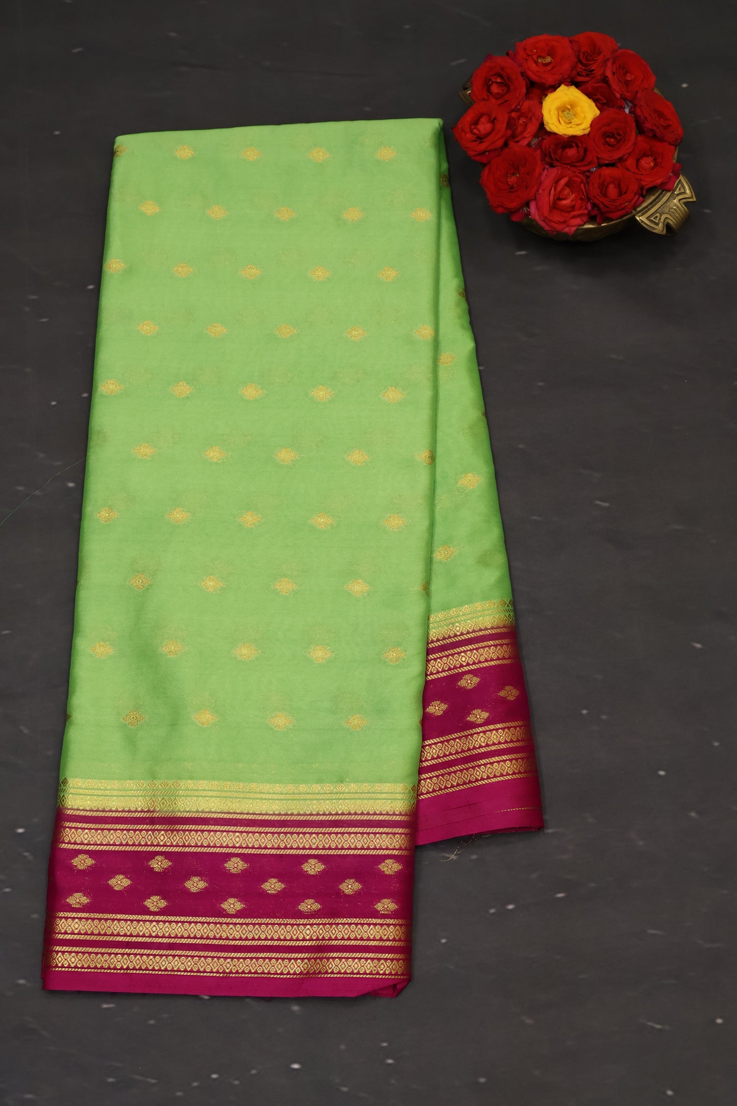 Semi Mysore Silk Saree-Green-Pink Floral Buta