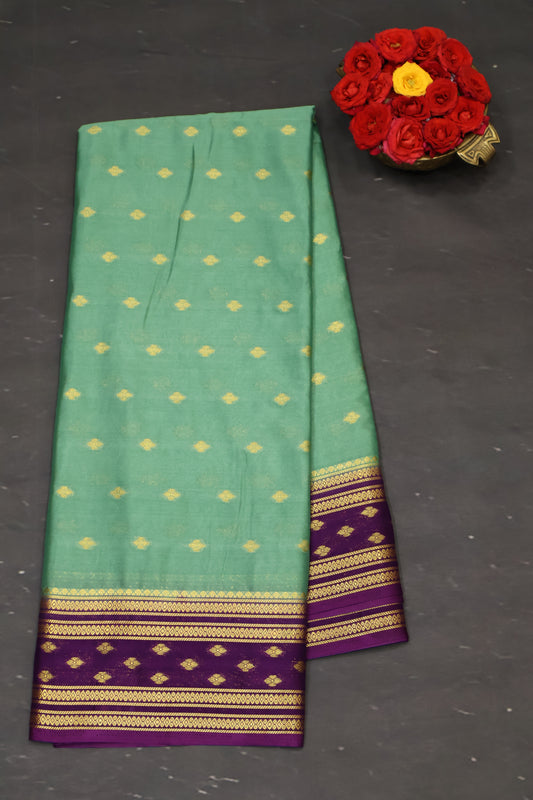 Semi Mysore Silk Saree-Green-Purple Floral Buta