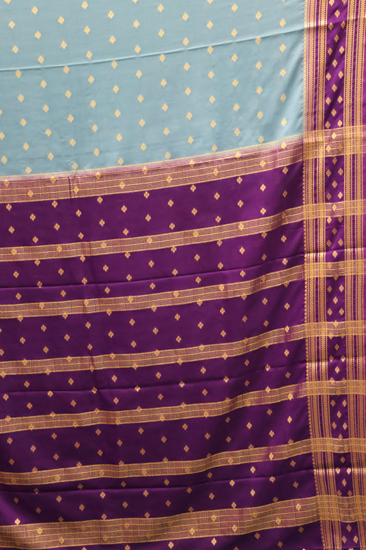 Semi Mysore Silk Saree-Metalic-Blue Floral Buta