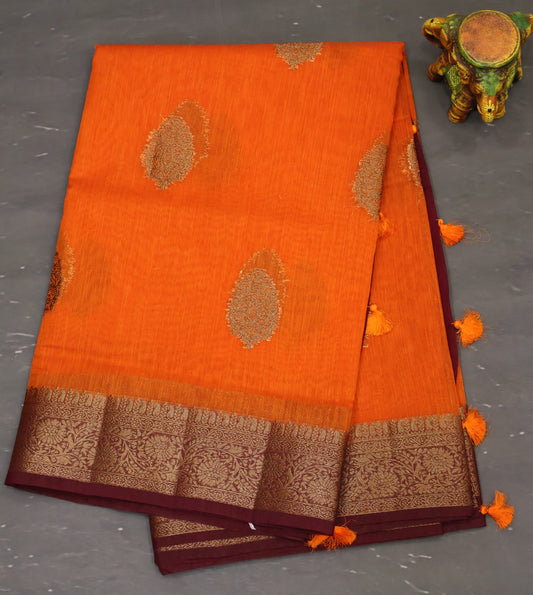 Bamboo Silk Saree-Bright Orange Buta