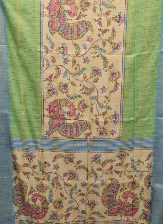 Semi Tussar Saree Kalamkari Print-Green