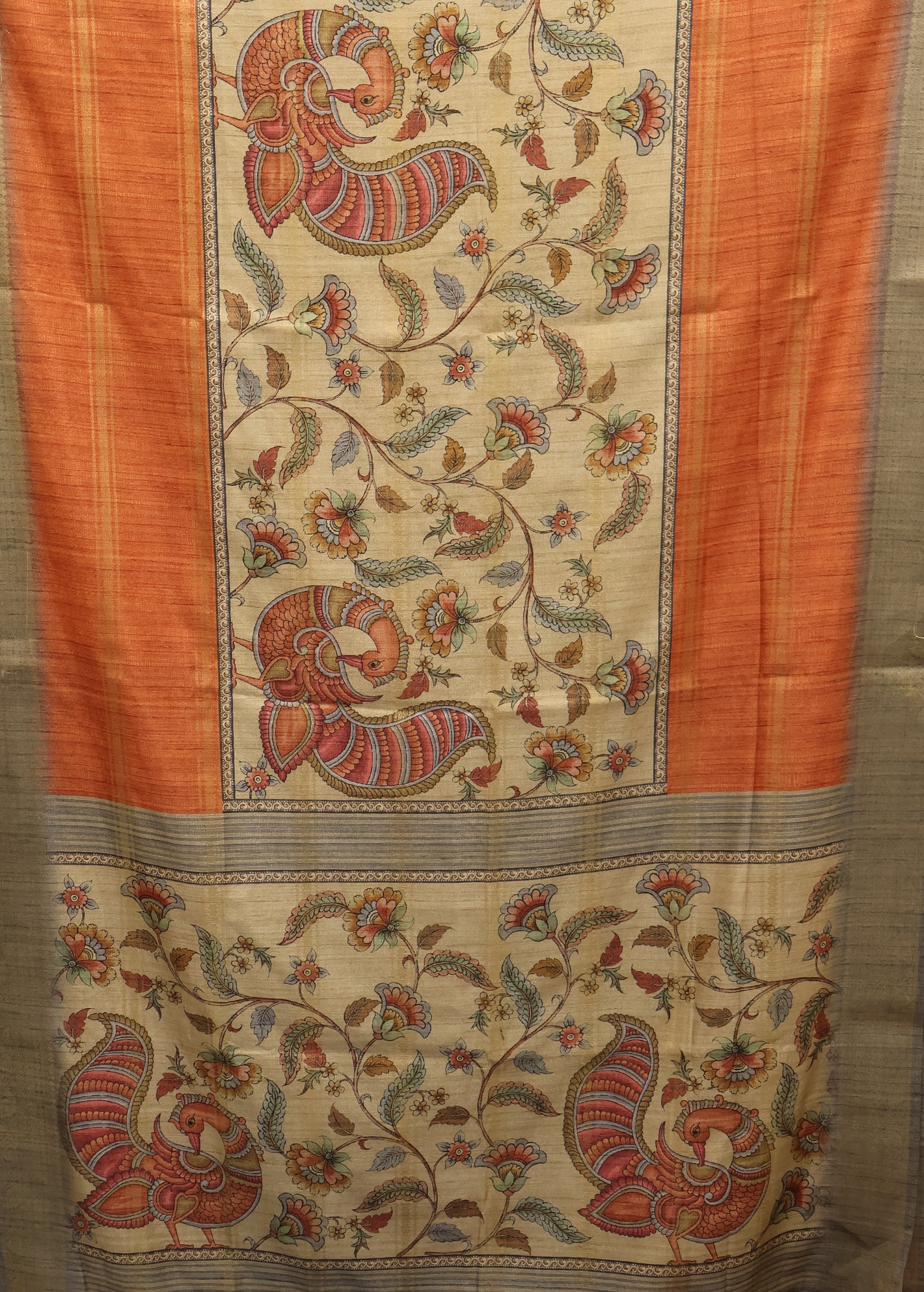 Semi Tussar Saree Kalamkari Print-Orange