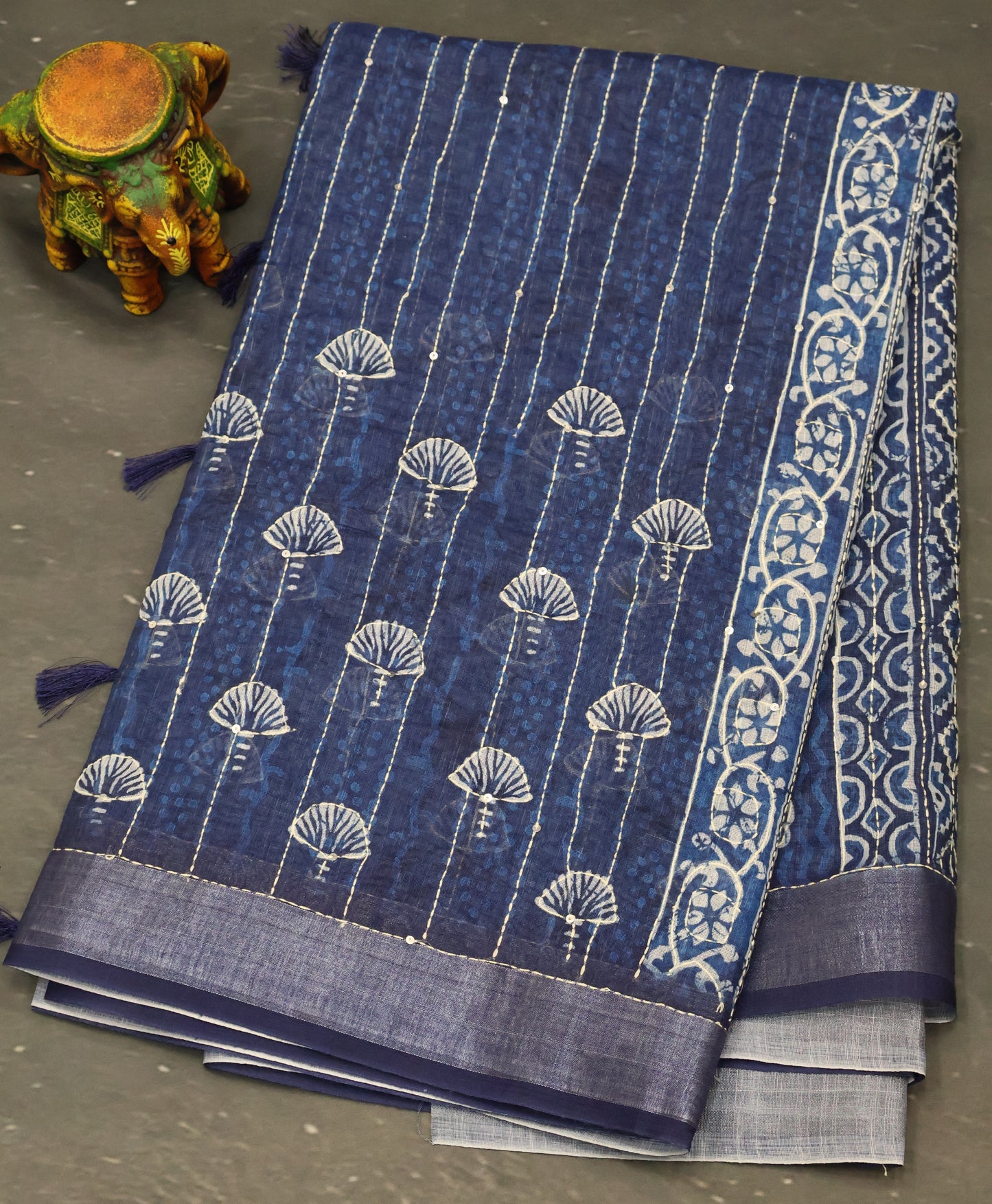 Indigo Linen - Blue Floral Kantha Work