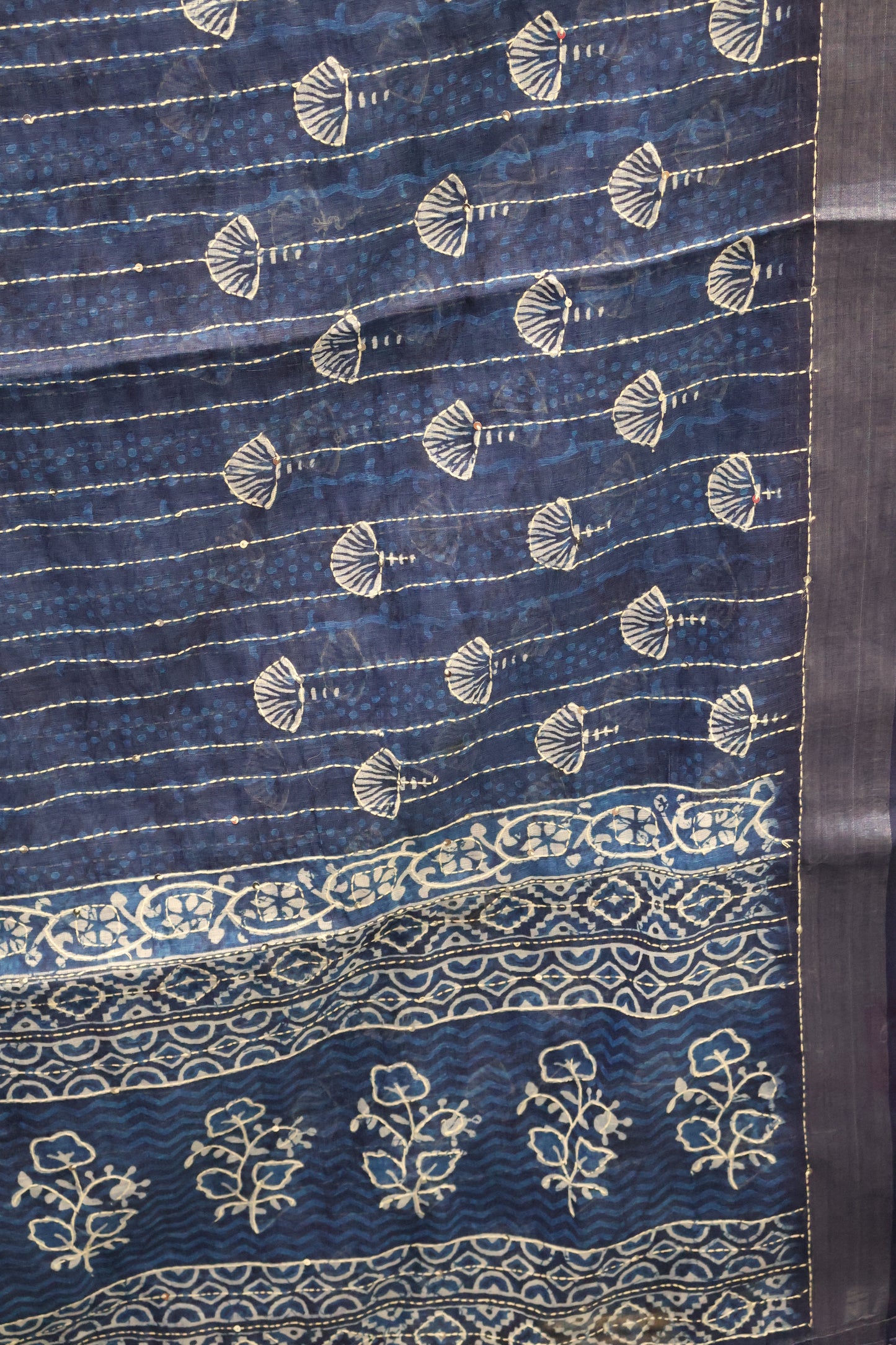 Indigo Linen - Blue Floral Kantha Work