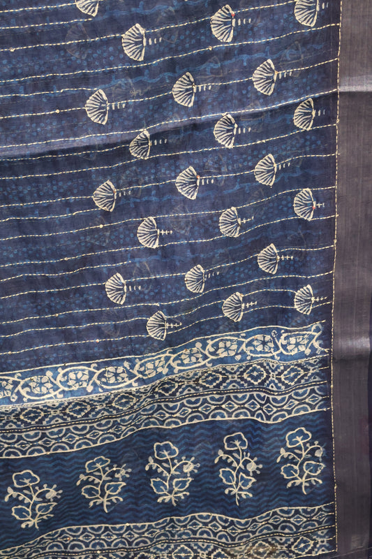 Semi Linen - Blue Floral Kantha Work