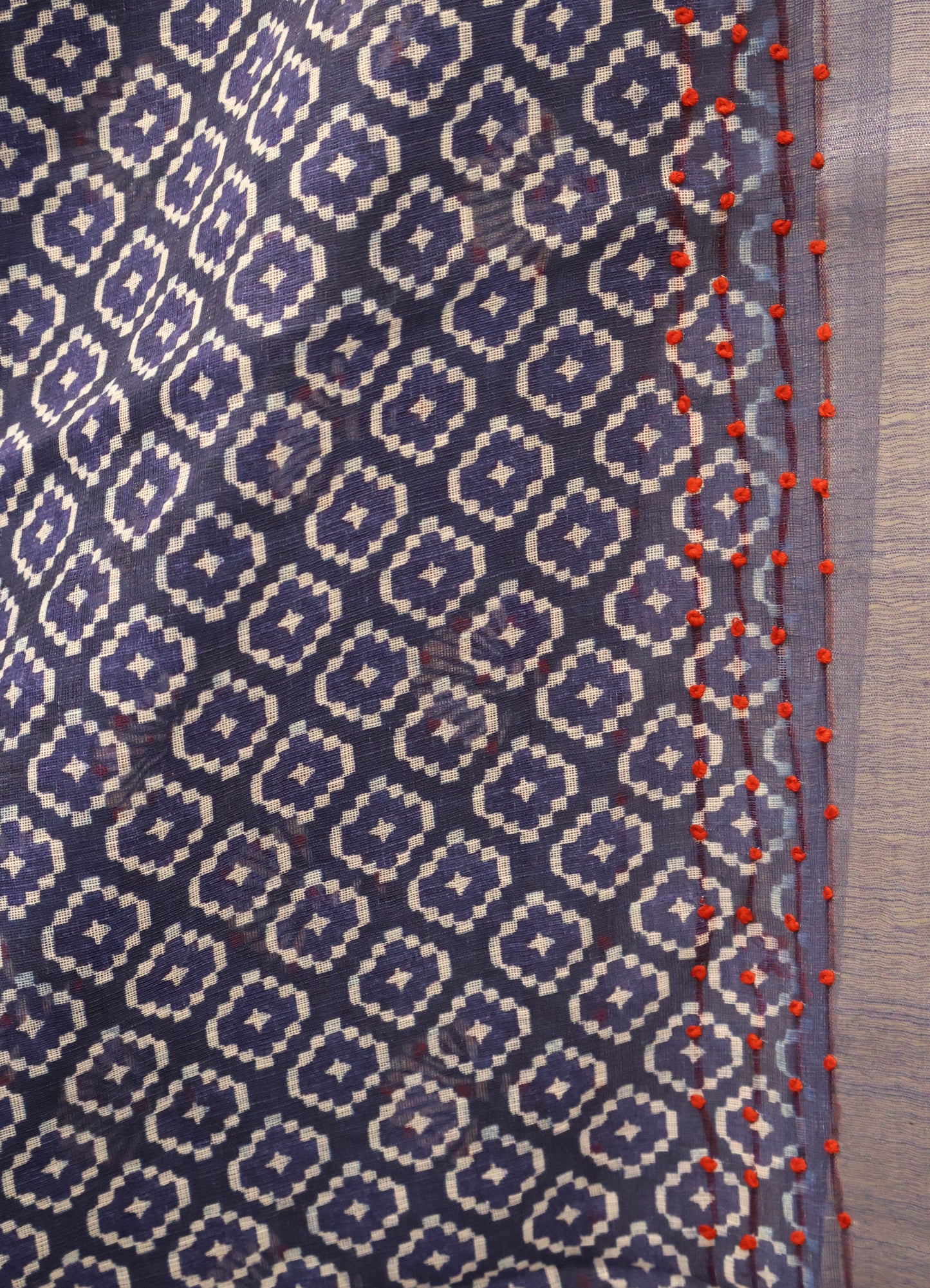 Indigo Linen - Blue Floral Red Kantha Work