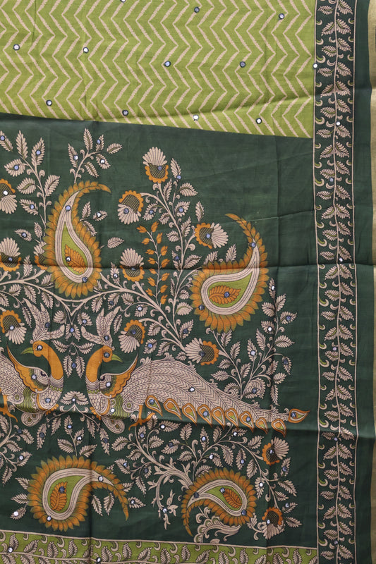 Malai Cotton Saree- Lite Green Zig Zag Mirror Work