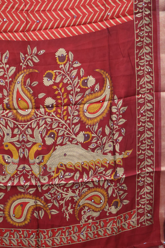 Malai Cotton Saree-Red Zig Zag Mirror Work