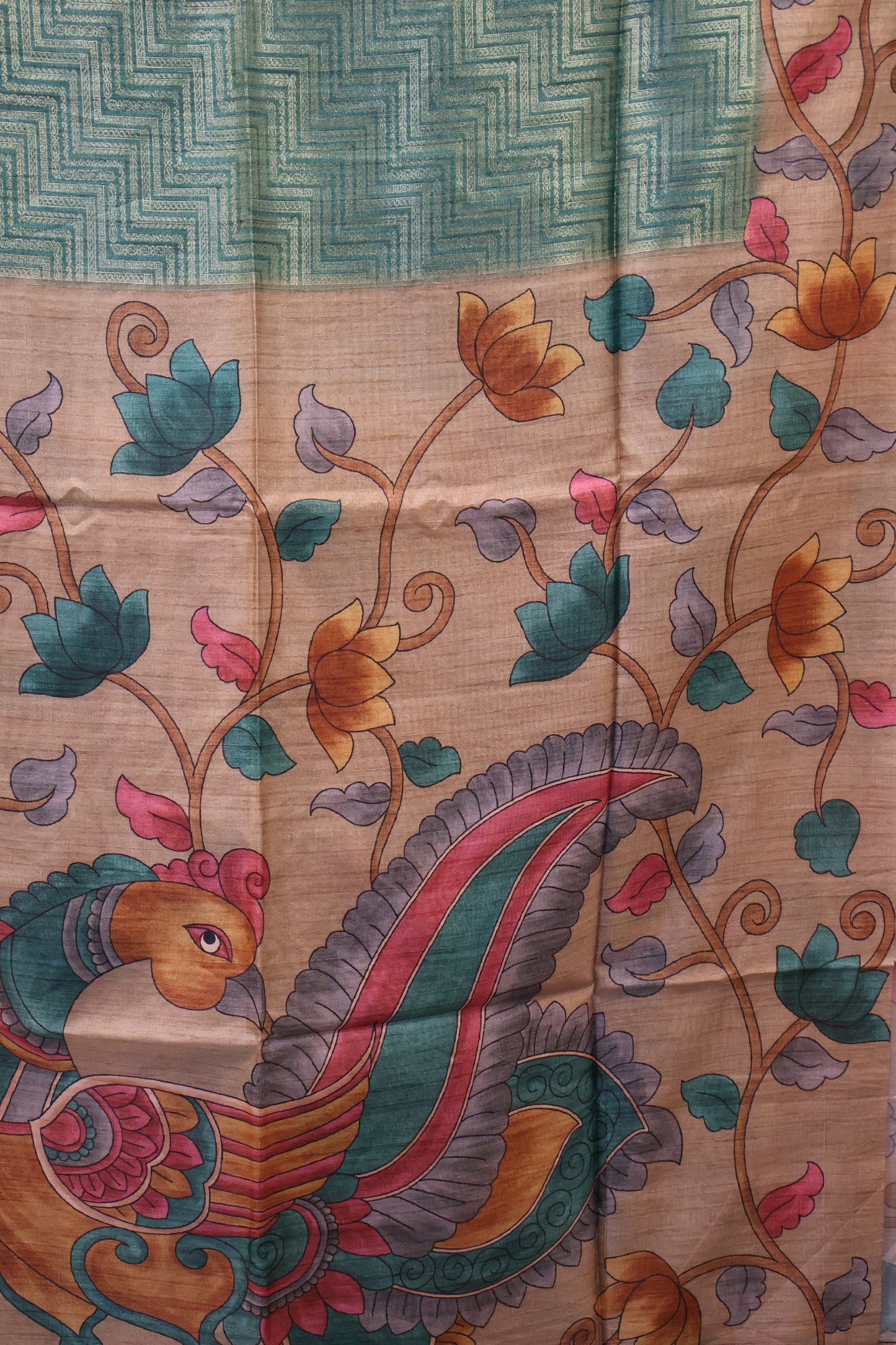 Tussar Saree Zari Zigzag Pattern - Green