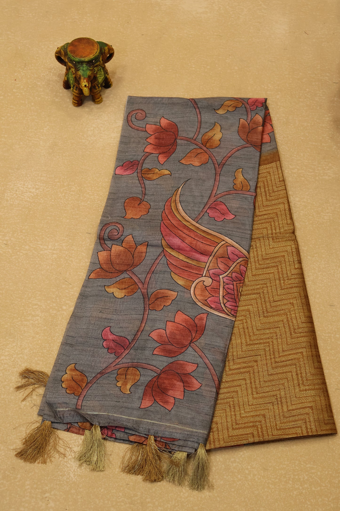 Tussar Saree Zari Zigzag Pattern - Mustard