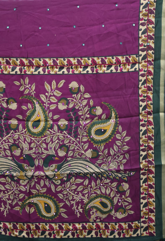 Malai Cotton Saree-Wine Leaf Mirror Work