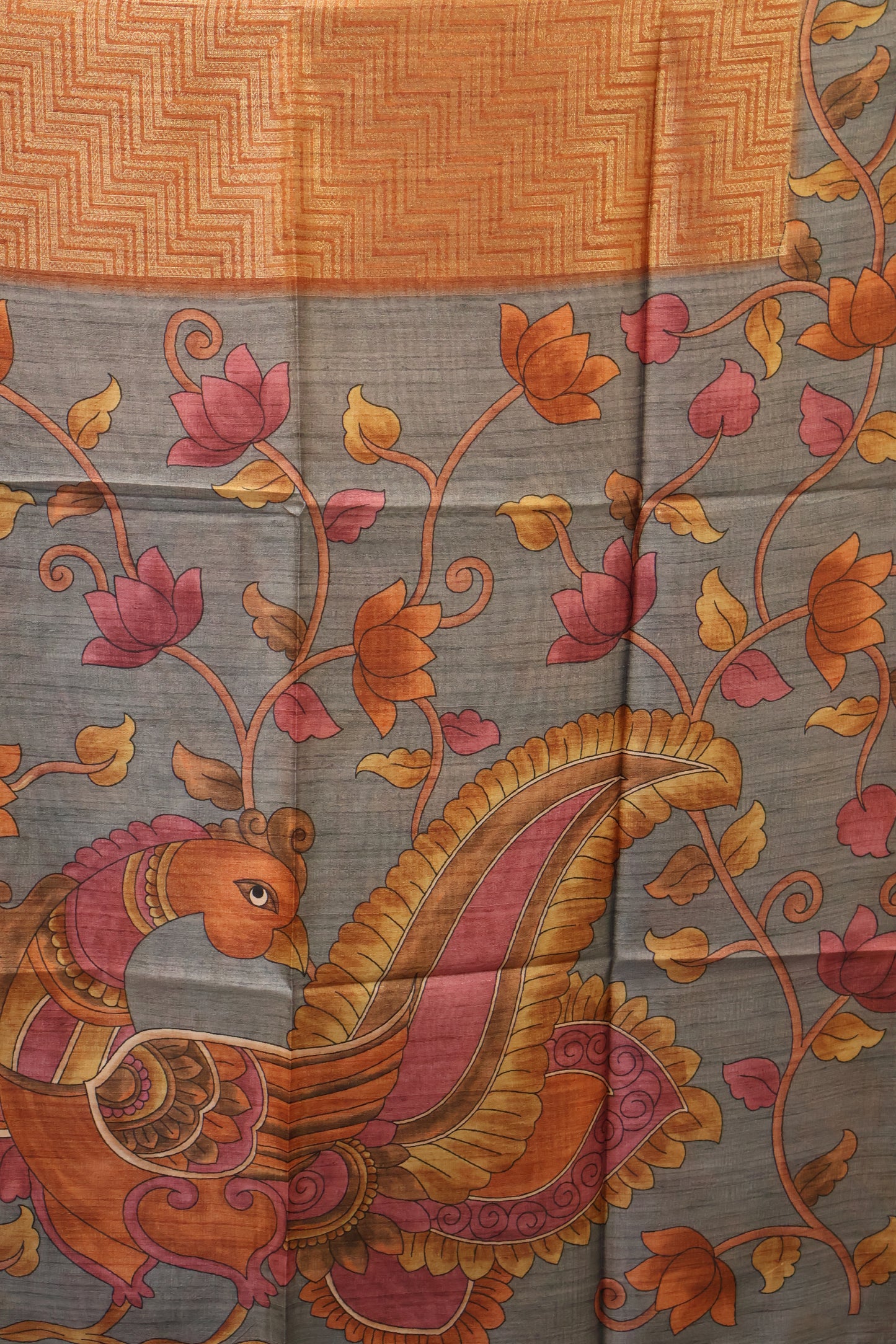 Tussar Saree Zari Zigzag Pattern - Orange