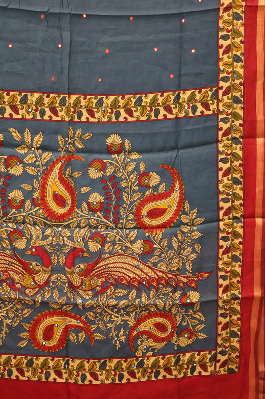 Malai Cotton Saree-Peacock Blue Leaf Mirror Work