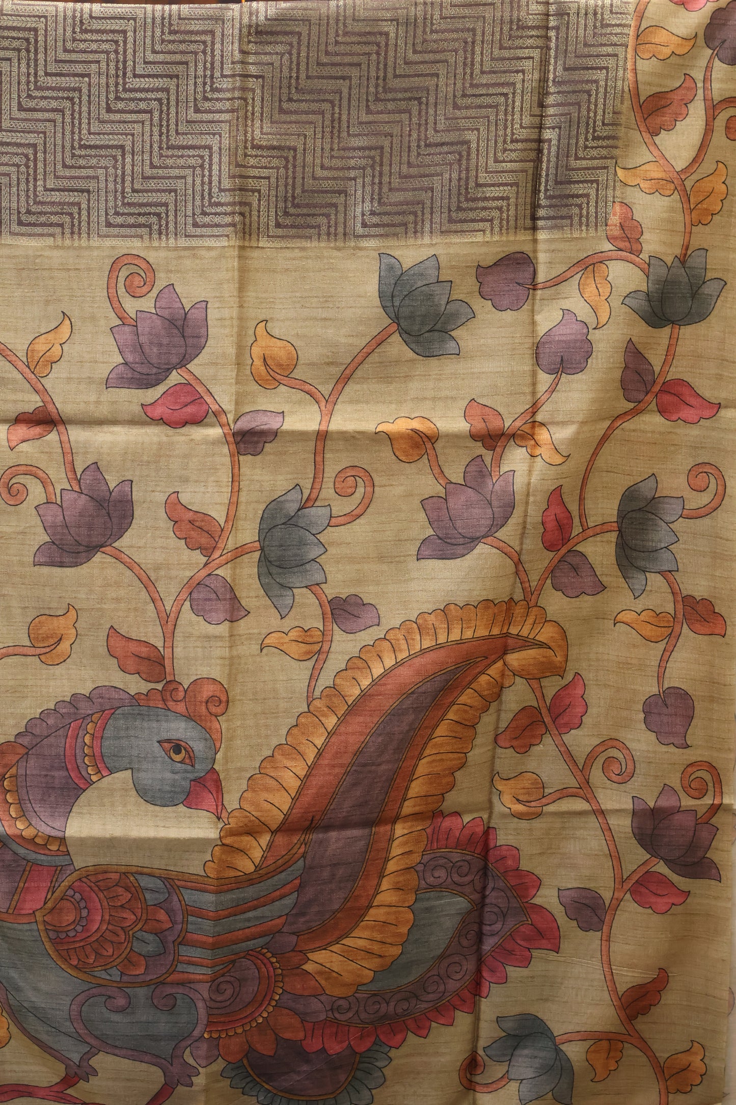 Tussar Saree Zari Zigzag Pattern -Wine