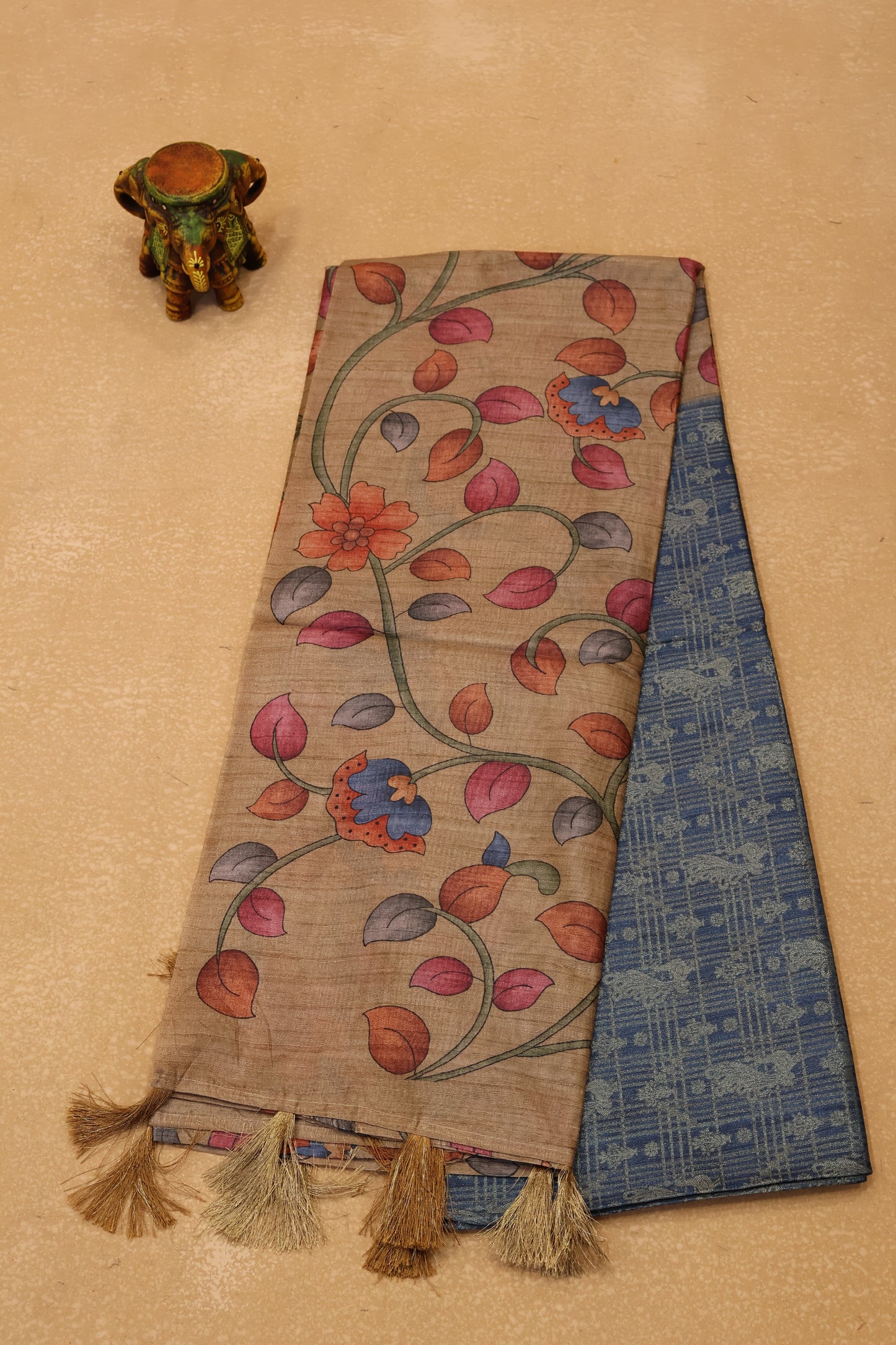 Tussar Saree Zari Peacock Pattern -Blue