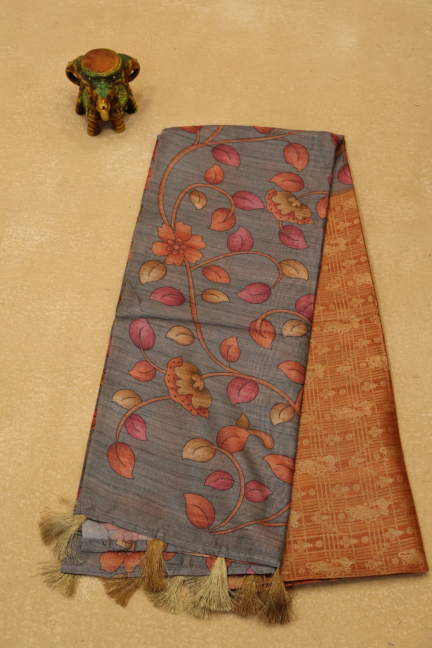 Tussar Saree Zari Peacock Pattern -Orange