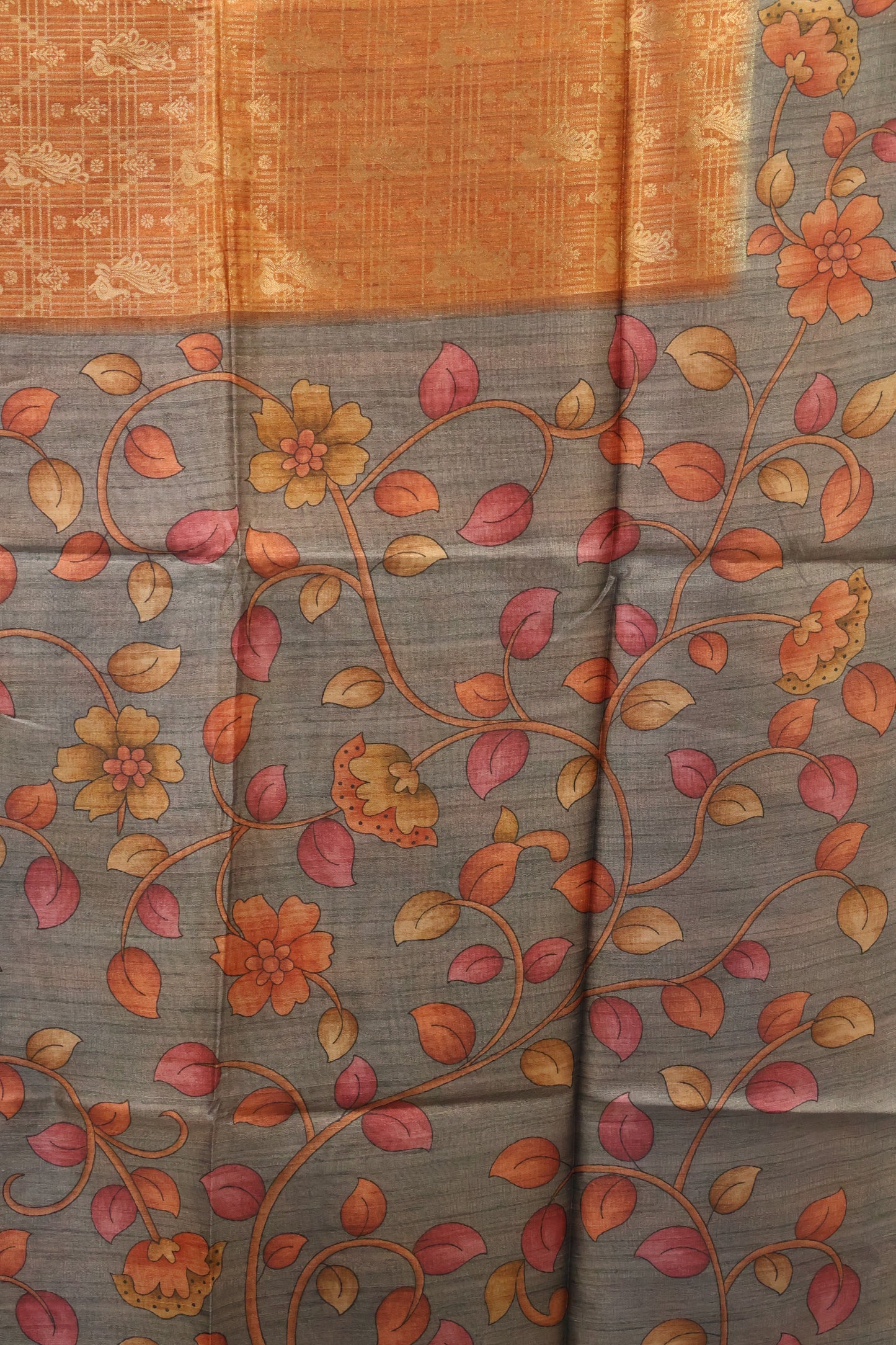 Tussar Saree Zari Peacock Pattern -Orange