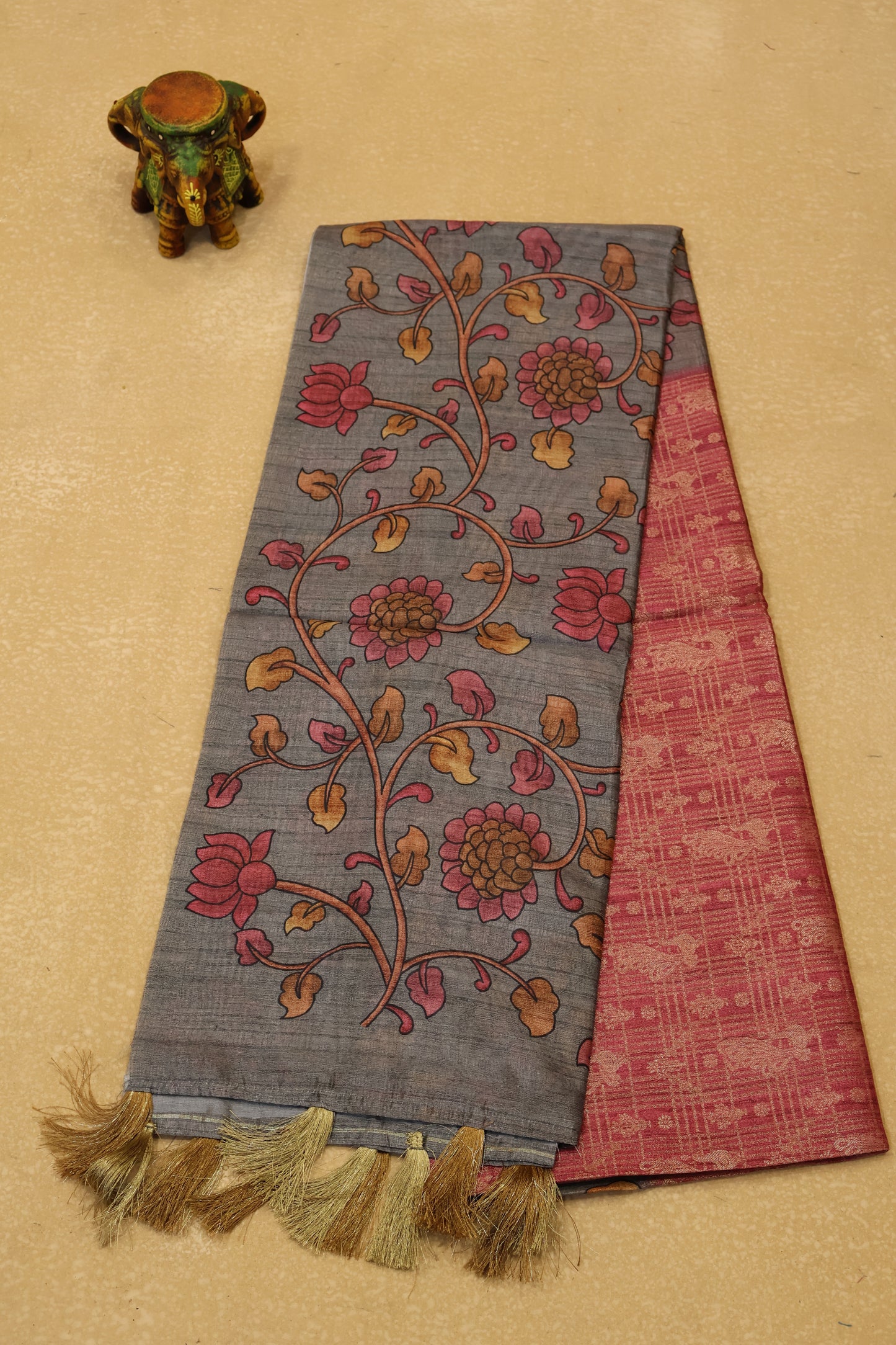 Tussar Saree Zari Peacock Pattern -Pink