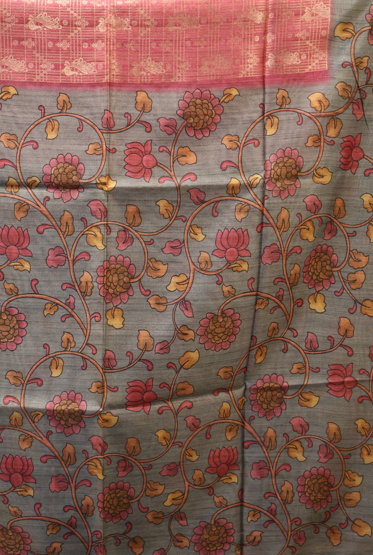 Tussar Saree Zari Peacock Pattern -Pink