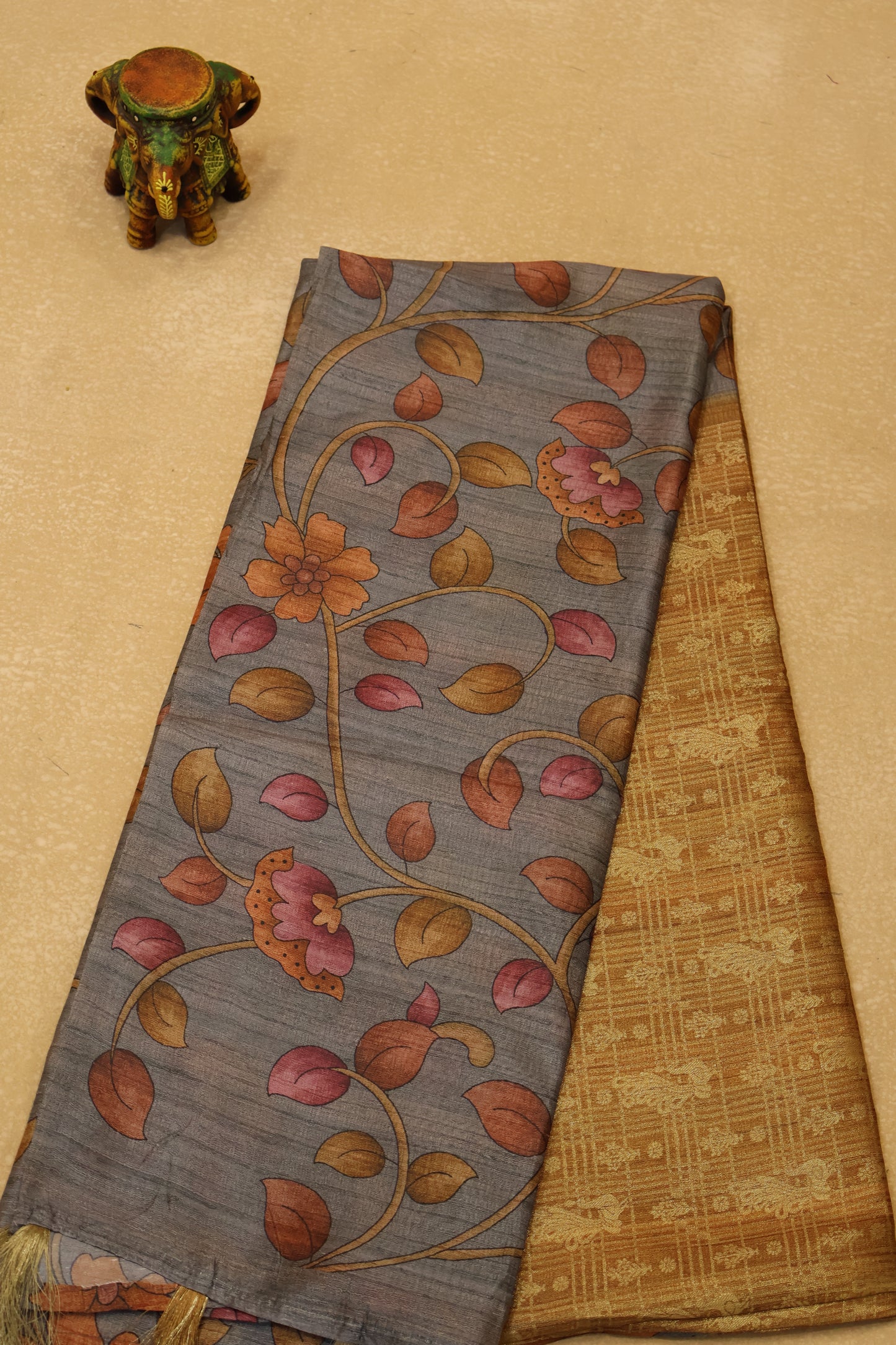 Tussar Saree Zari Peacock Pattern -Mustard