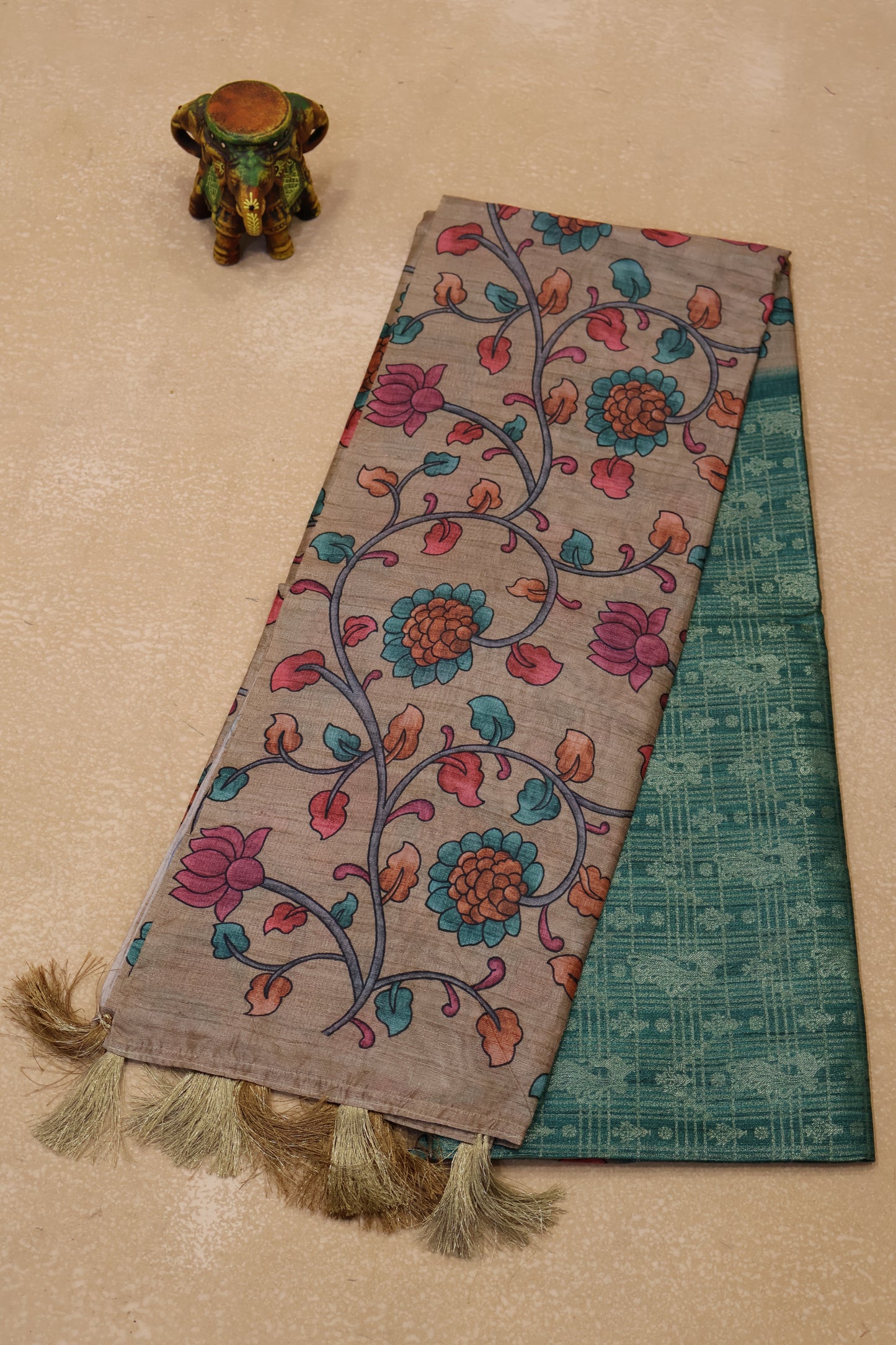 Tussar Saree Zari Peacock Pattern -Green