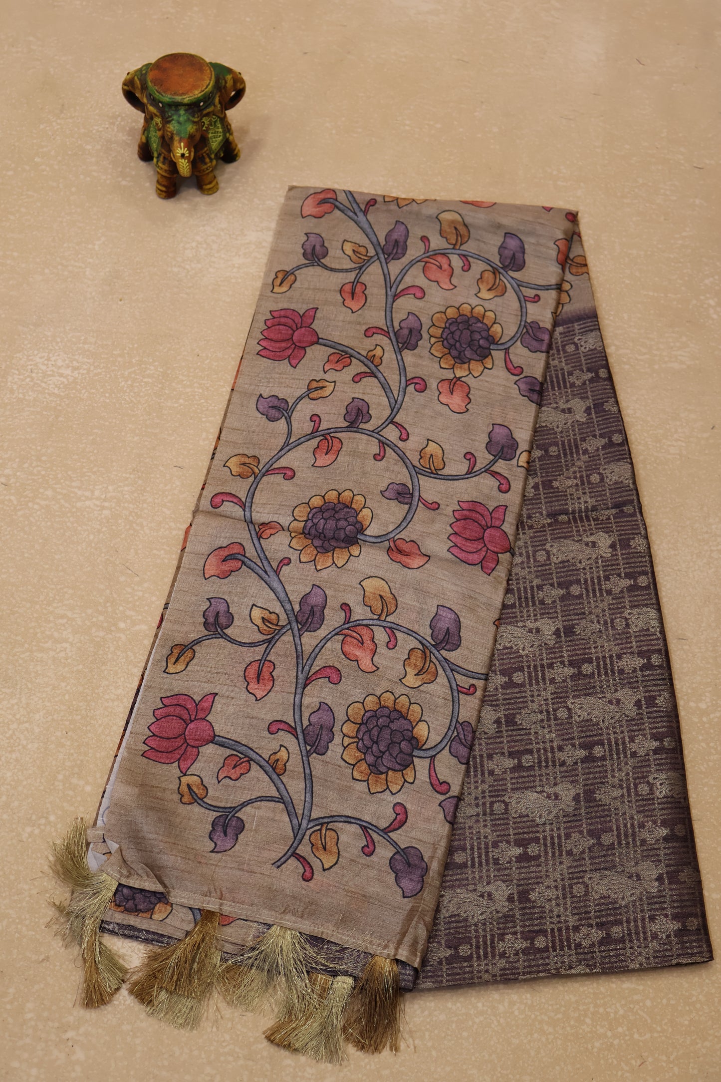 Tussar Saree Zari Peacock Pattern -Wine