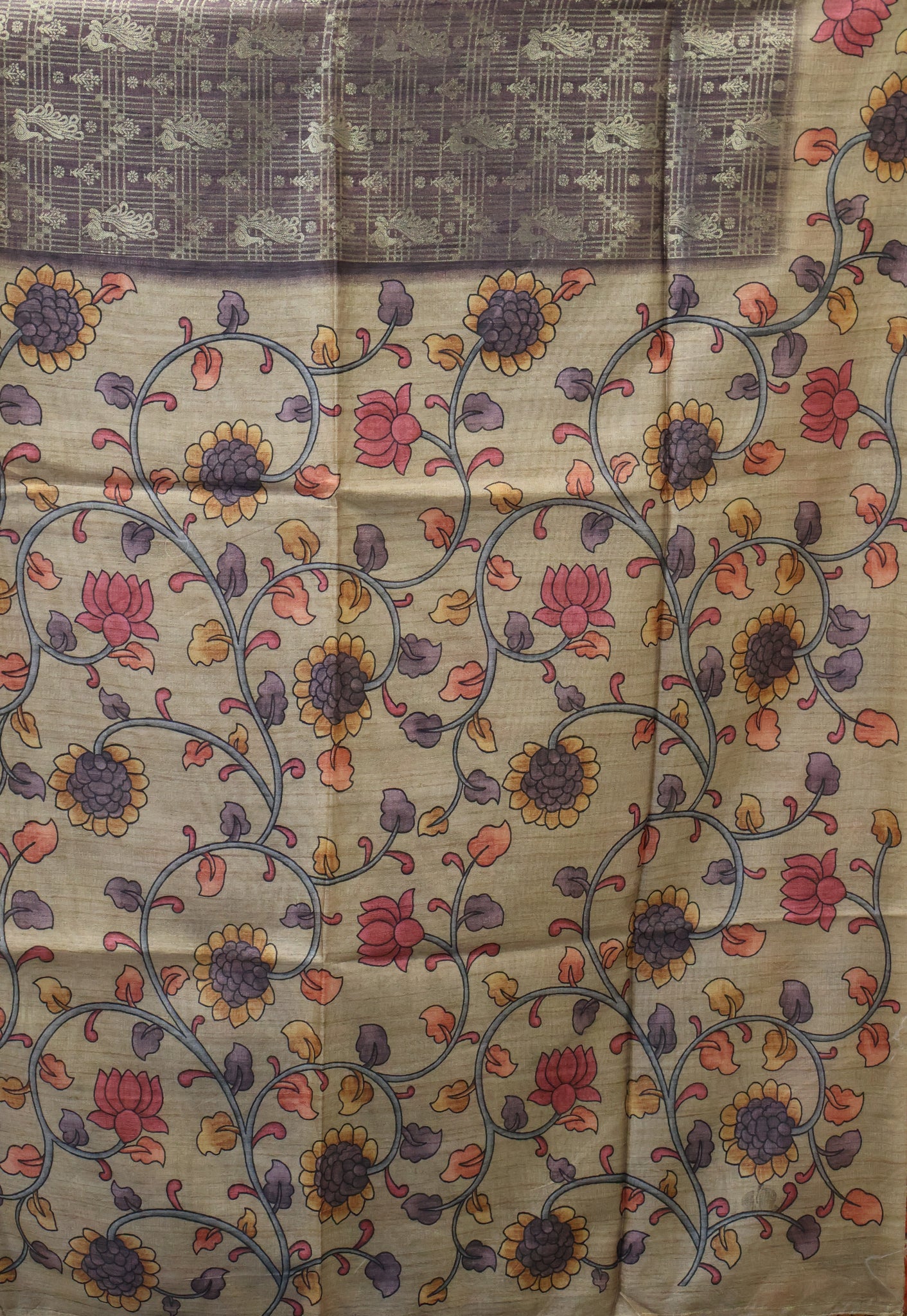 Tussar Saree Zari Peacock Pattern -Wine