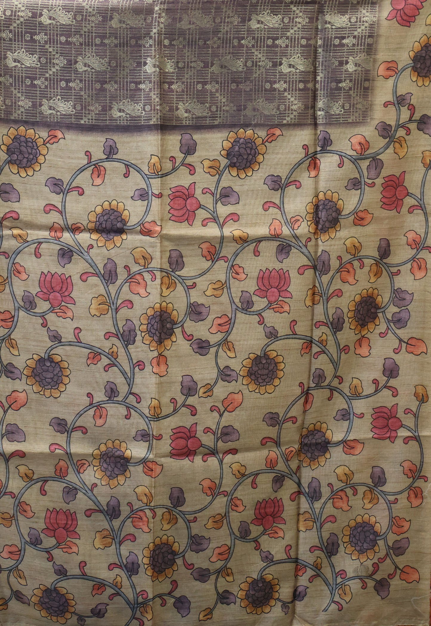 Tussar Saree Zari Peacock Pattern -Wine