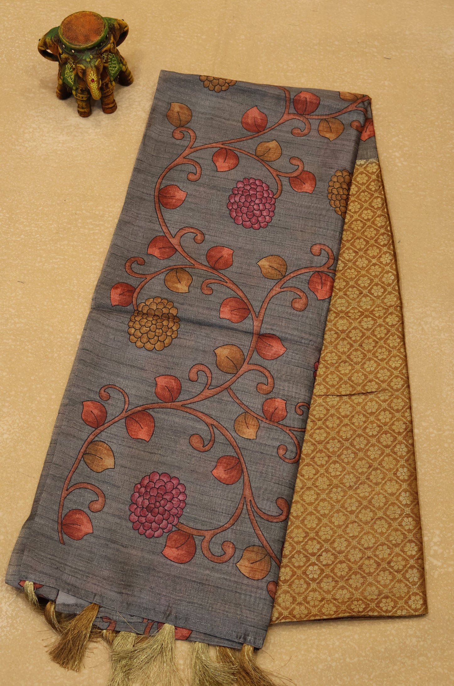 Tussar Saree Zari Floral Pattern -Mustard