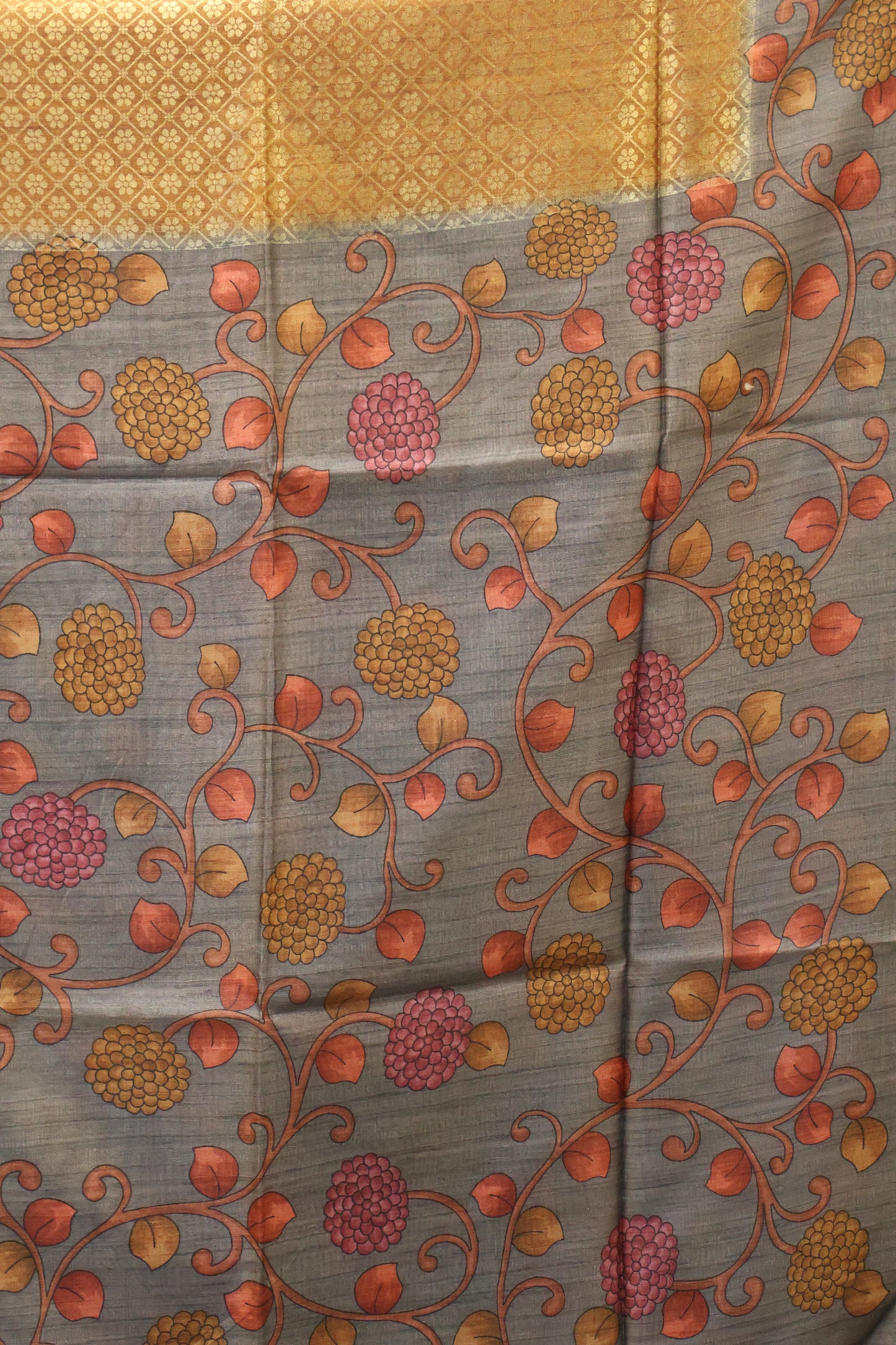 Tussar Saree Zari Floral Pattern -Mustard