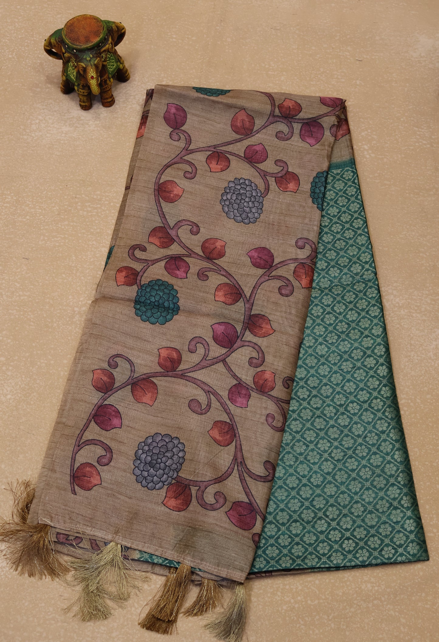 Tussar Saree Zari Floral Pattern - Green