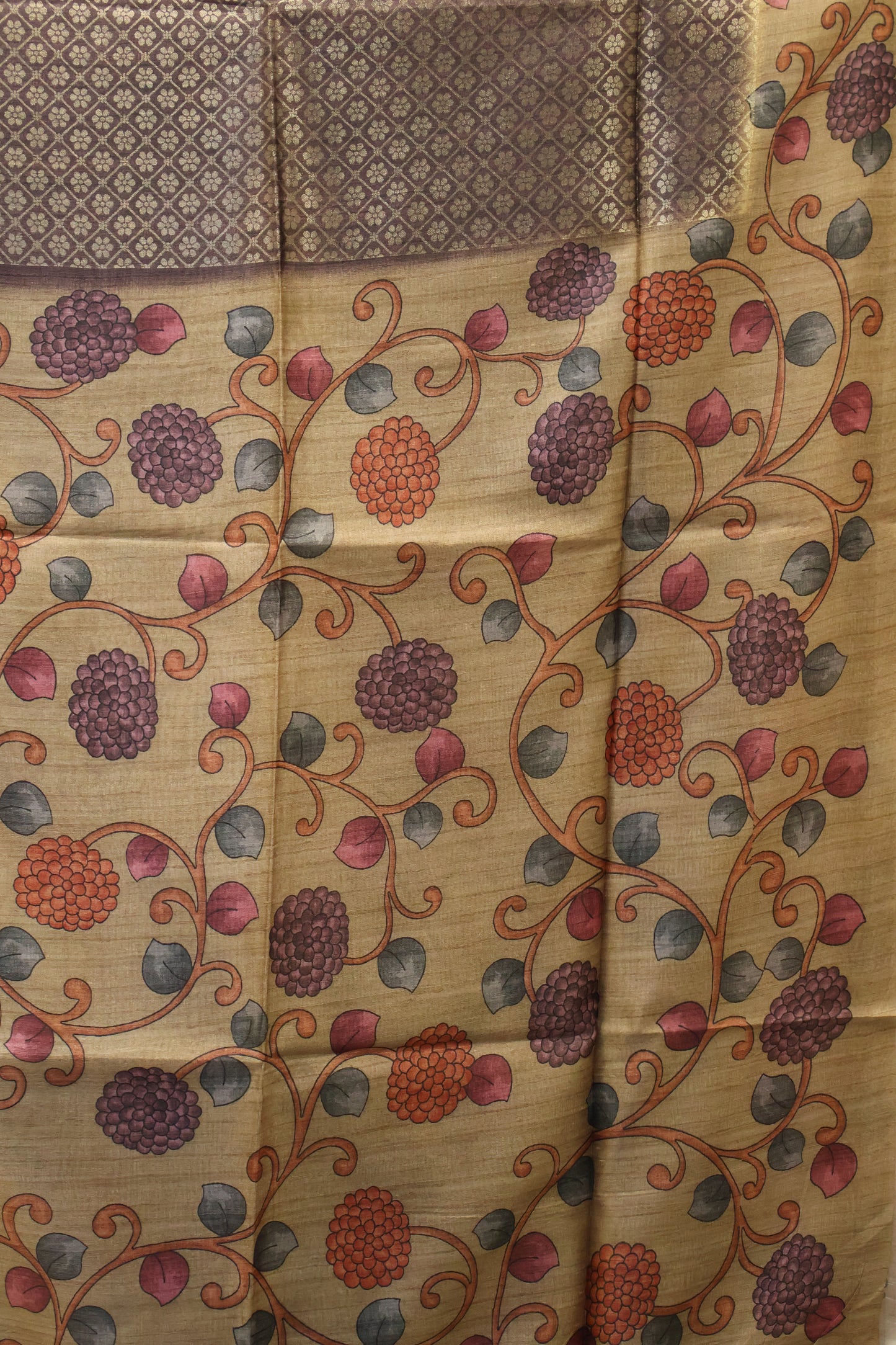 Tussar Saree Zari Floral Pattern - Wine