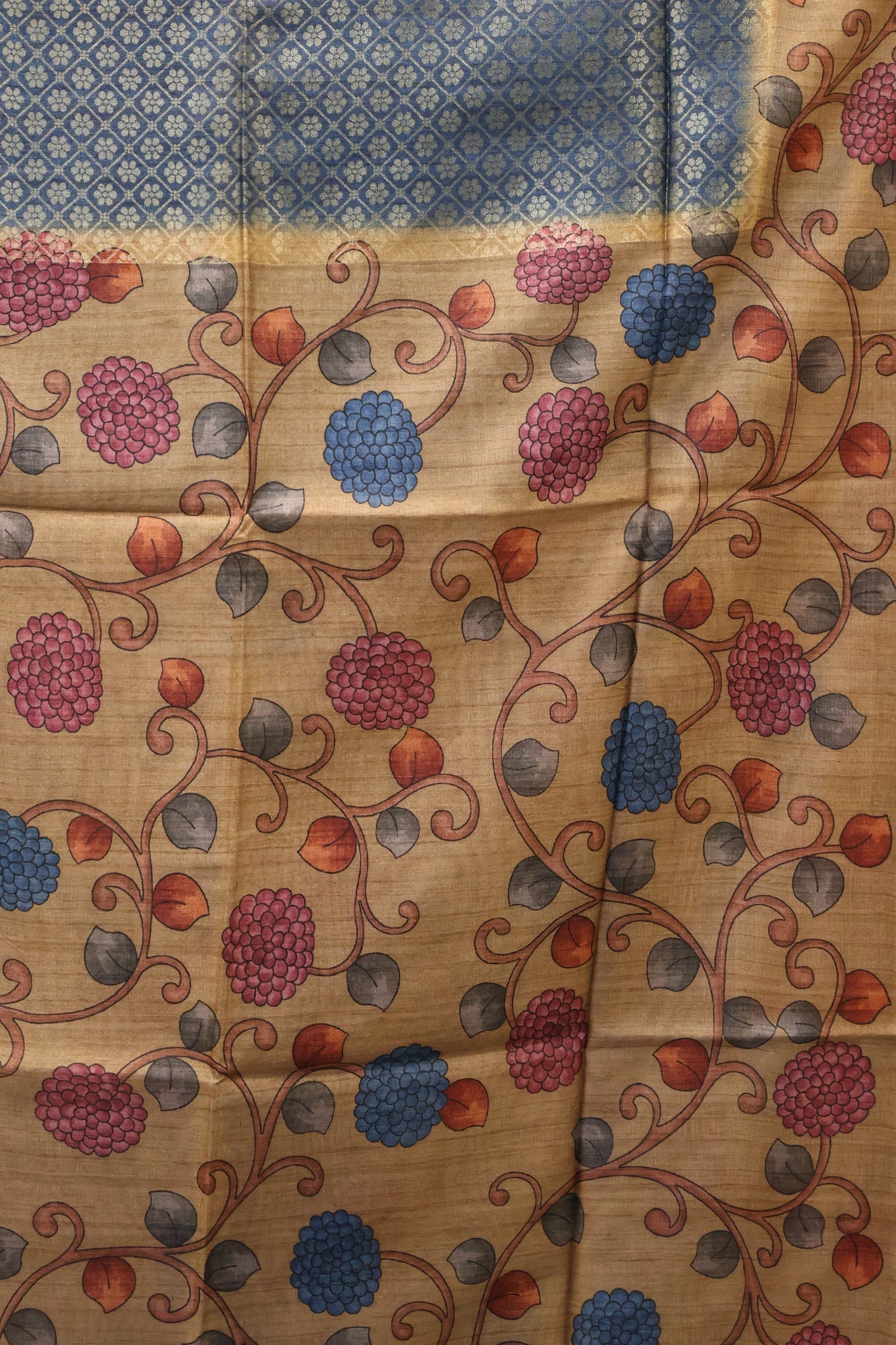 Tussar Saree Zari Floral Pattern - Blue