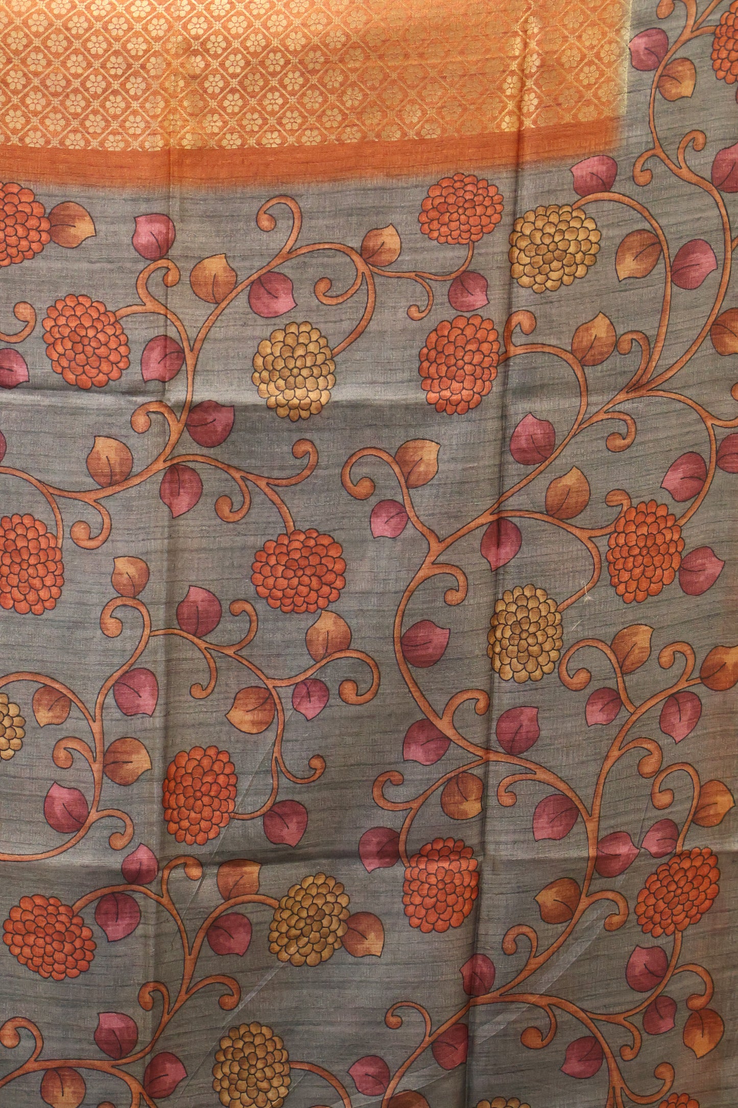 Tussar Saree Zari Floral Pattern - Orange