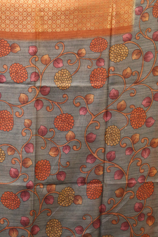 Tussar Saree Zari Floral Pattern - Orange